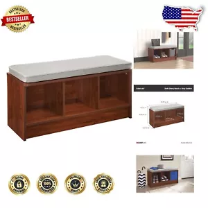 Compact Dark Cherry Storage Bench with Gray Cushion - 3 Cubes for Organization - Picture 1 of 12