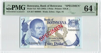 BOTSUANA 2 Pula 1982, ESPECIMEN P-7S2, PMG 64 EPQ Elección UNC, B/7 000000, Escaso Foto 1 de 2