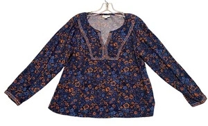 J Jill Shirt Navy/Orange Floral Boho Long Sleeve Cotton Stretch Soft Cozy sz M - Picture 1 of 14