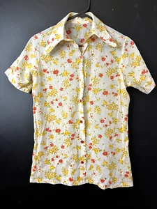 Vintage 1960s 70s Floral Cotton Ladies Shirt Collared Semi Sheer Chintz AU 8/S - Picture 1 of 6
