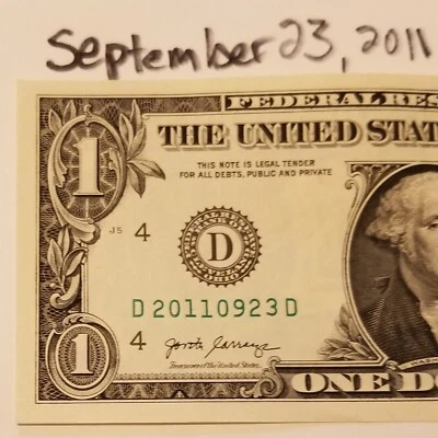 Birthday Anniversary September 23, 2011 $1 DOLLAR Bill FANCY D Series D Note - Image 1 of 3