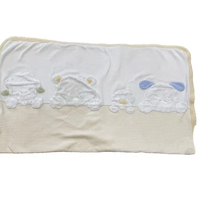 Vtg Carters Lamb Sheep Duck Bear Baby Blanket Dog Puppy Yellow Striped Cotton - Image 1 of 4