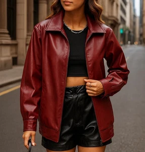 Abrigo chaqueta de cuero real de gran tamaño para mujer color rojo - Chaqueta de cuero genuino - Imagen 1 de 5