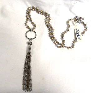 NWT~ Lucky Brand NECKLACE Gold / Silver BEADS &Tassel RHINESTONE round 34 INCH - Picture 1 of 4