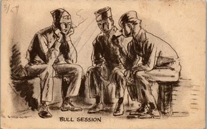Vintage Militär Postkarte Soldaten in Uniform BULL SESSION Pfeife Zigarette 1944 - Bild 1 von 3