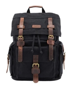 Kattee Mens Leather Canvas Backpack Large School Bag Travel Rucksack Black - Picture 1 of 21