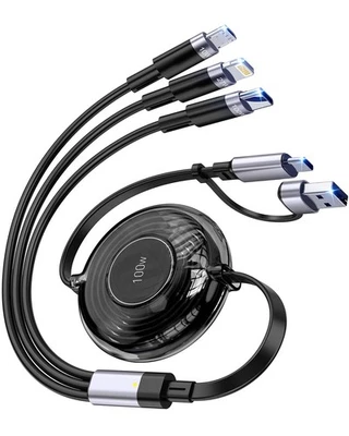 Cable de Carga Retráctil 100W 5 en 1,2 metros de Iluminación/Micro, Negro  - Imagen 1 de 4