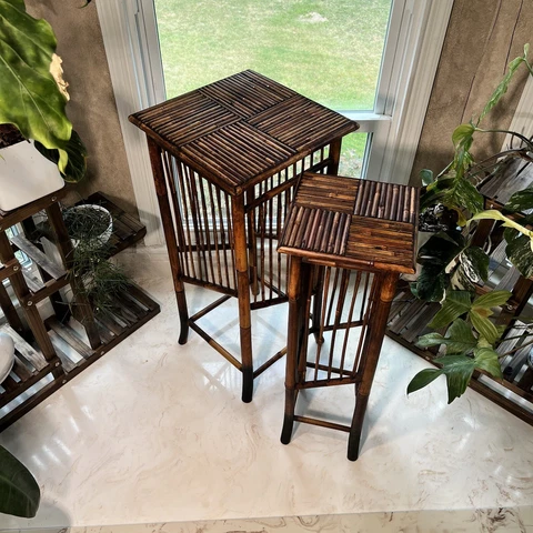 Vintage Pair Boho Coastal Rattan Bamboo Plant Stand Pedestal Tables Cover