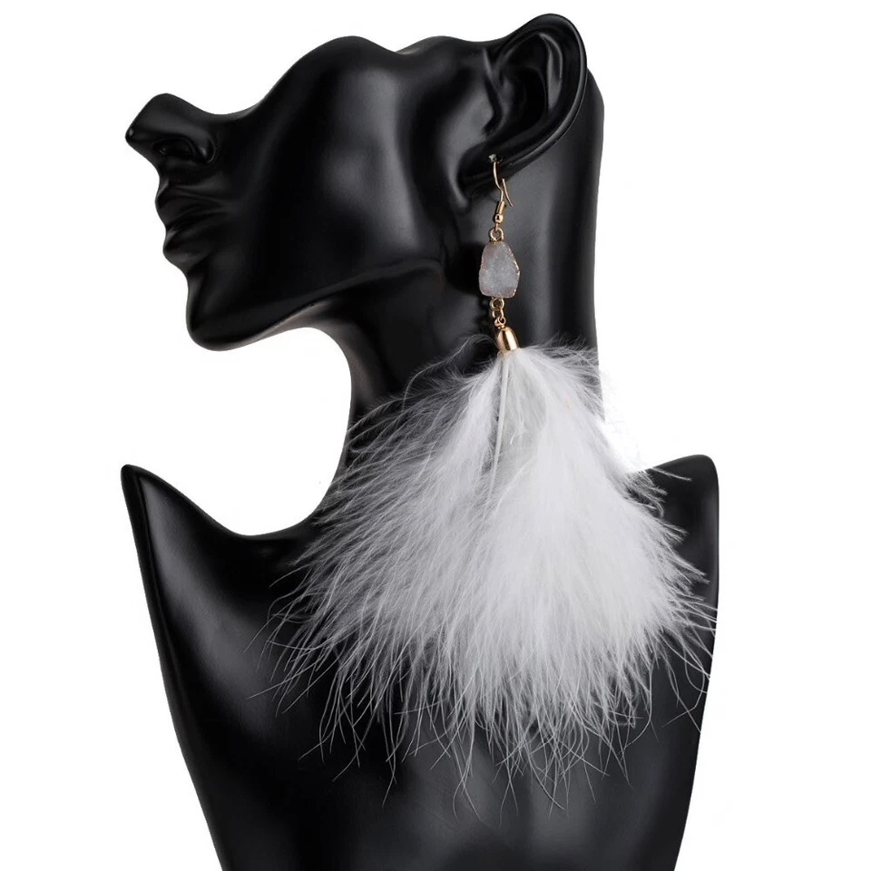 Boho White Feather Druzy Stone Drop Hook Earrings Nickel Free Hypoallergenic - Image 1 of 1