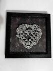 Framed 3-dimensional Floral Heart In Pewter Colored Metal Relief Design Of Roses