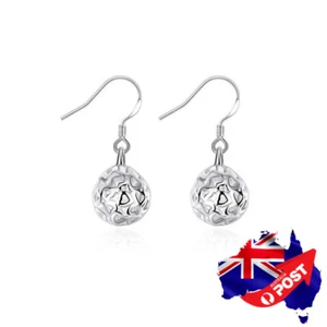 925 Sterling Silver Filled 11MM Filigree Heart Hollow Ball Drop Dangle Earrings - Picture 1 of 8