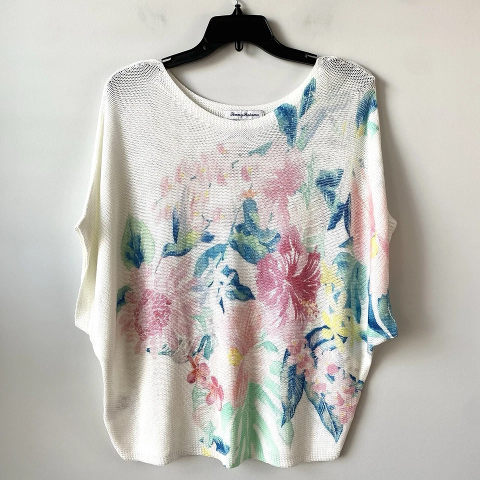 Suéter Tommy Bahama Floral Dolman Manga Curta Branco G - Imagem 1 de 4