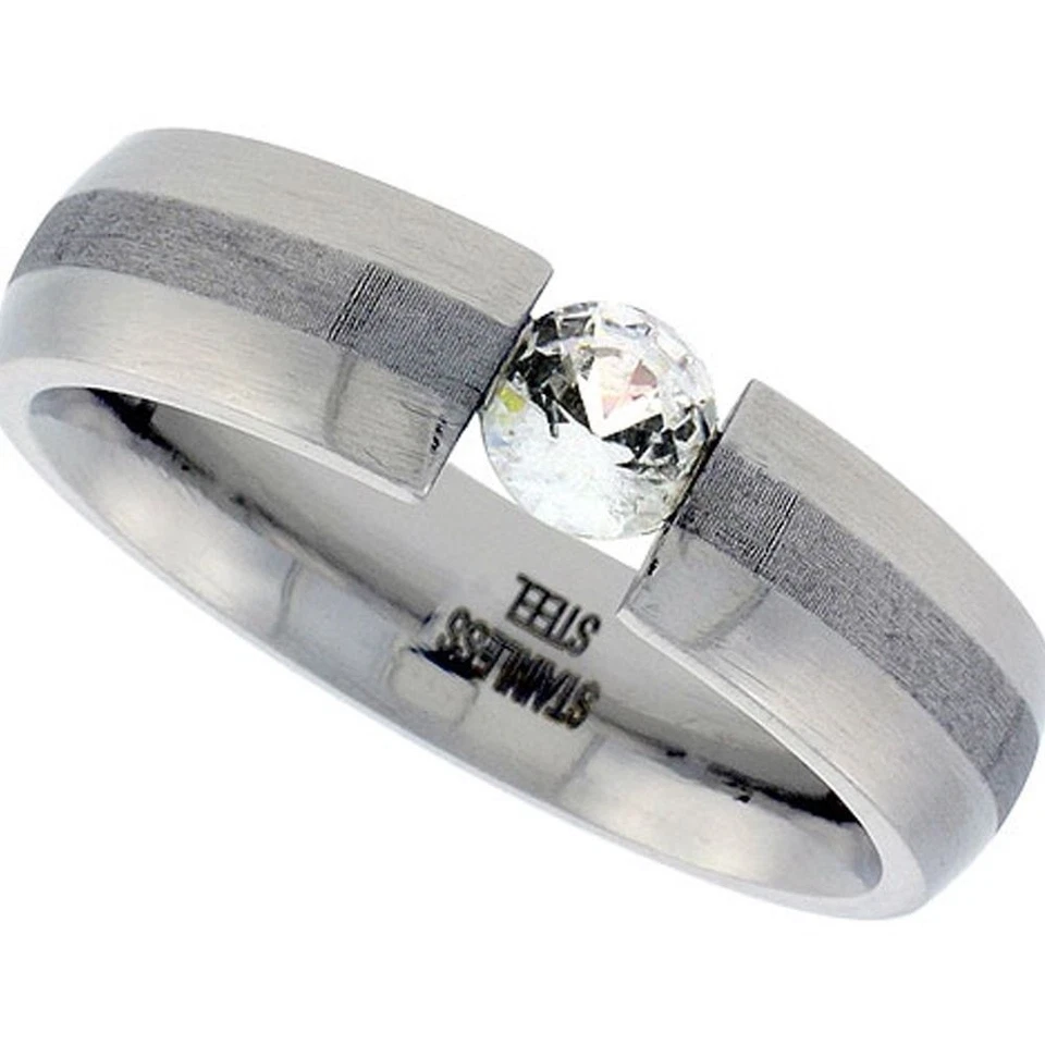 Комплект натяжных обручальных колец из хирургической стали 6 мм с фианитом удобные размеры 11-14 - Изображение 1 из 1