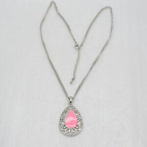 Lia Sophia sgined jewelry silver plated pink enamel teardrop pendant necklace