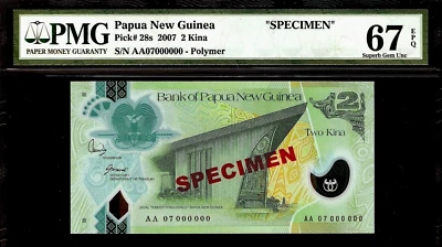 Papua New Guinea 2 Kina 2007 SPECIMEN PMG 67 EPQ UNC Pick # 28s  S/N AA07000000 - Image 1 of 2