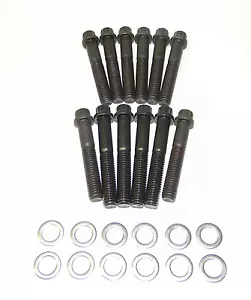 Kit de pernos de escape Chevy 1955-81 SB 283 327 350 Rams Horn 12Pt Bl Oxide 170K PSI - Imagen 1 de 2