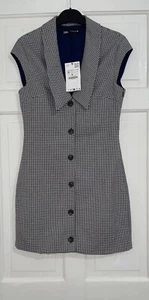 ZARA BROWN BLUE LAPEL COLLAR SLEEVELESS BLAZER STYLE CHECK MINI DRESS SIZE M NEW - Picture 1 of 9