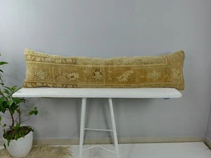 12x48 Turkish Kilim Lumbar Pillow - Neutral Long Boho Bolster Cushion Cover - Picture 1 of 16
