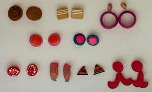 Vintage Wood Clip on Earrings 9 Pair From 1960s - Picture 1 of 4