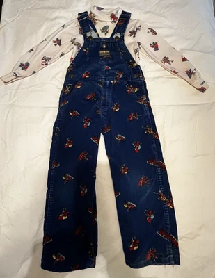 Vintage 80s OSHKOSH Vestbak Overalls Blue corduroy w/ knights & horses Sz. 5 USA - Image 1 of 4
