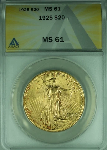 1925 St. Gaudens $20 Double Eagle Gold Coin ANACS MS-61 Cover