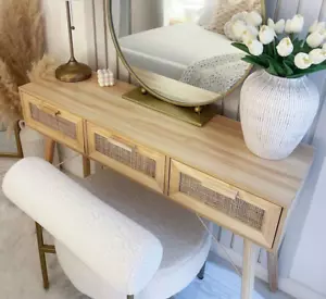 Wooden Dressing Table Modern Scandinavian Console Rattan Storage Vanity Desk - Picture 1 of 5