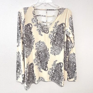 Womens Lace Back Top Ivory Black Paisley Soft Jersey Knit Pullover Long Sleeves - Picture 1 of 14