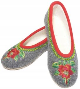 Wool Felt Slippers Ladies Handmade Embroidered Indoor Ballerina Shoes Warm 5-11