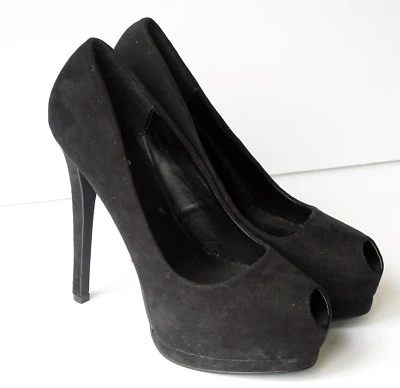 Charlotte Russe Qupid Negro Gamuza Peeptoe Tacones de aguja Zapatos de plataforma Talla 8.5 Foto 1 de 4