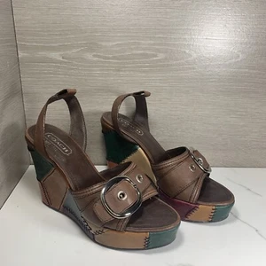 Coach Kayle Leather Platform Wedge Sandals Size 7 M Patchwork Multicolor - Picture 1 of 10
