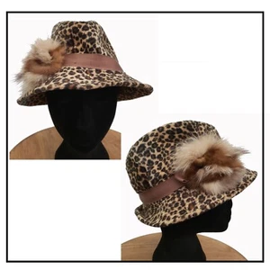 Vintage 80s Deida Acero Faux Leopard Fur Fedora w/ Mink Flower Trim - Picture 1 of 10