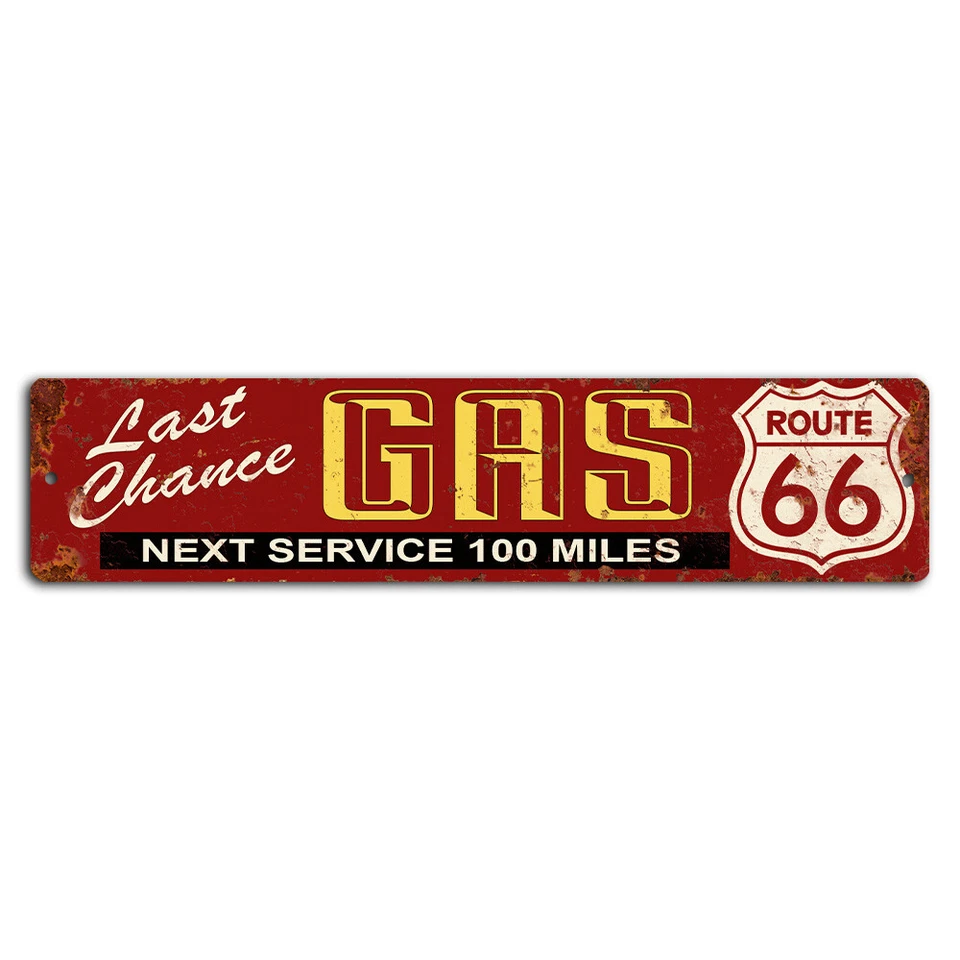 Last Chance Gas Next Service 100 Miles Route 66 Red Rustic Sign - 18x4 Inch - Image 1 of 1