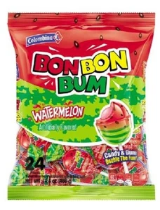 Bon Bon Bum Watermelon Lollipops W/Bubble Gum Center ( 24 Count ) - Picture 1 of 3