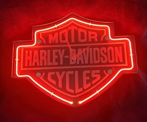 Harley-Davidson Black & Gray Etched Bar & Shield Orange Neon Clock HDL-16651 - Picture 1 of 4