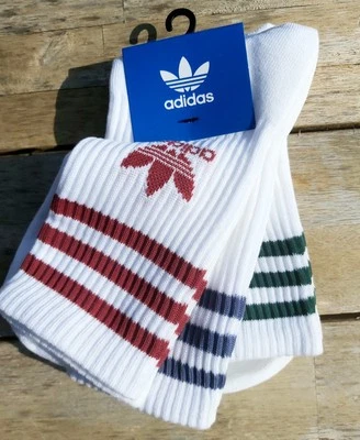 ADIDAS ORIGINALS Flat Knit 3-STRIPE CREW SOCKS White Trefoil JI9471 adi22 - Image 1 of 4