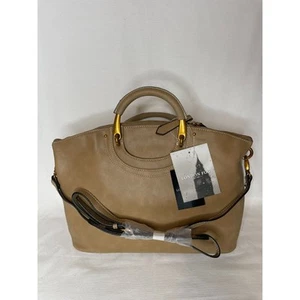 London Fog Downing Satchel Top Handle Camel Leather Shoulder Strap Zip Top NEW - Picture 1 of 7