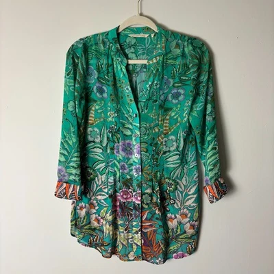 Soft Surroundings Top Women's Petite PXS Green Floral Button Up Tunic Semi Sheer - Image 1 of 4