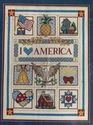 I Love America Stamped Cross Stitch Kit Sunset 12x16 Eagle Liberty Bell Flag - Image 1 of 4