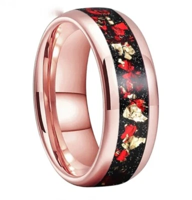 Anillo de carburo de tungsteno con cúpula de color dorado de 6/8 mm con incrustación de lámina roja y dorada Foto 1 de 4