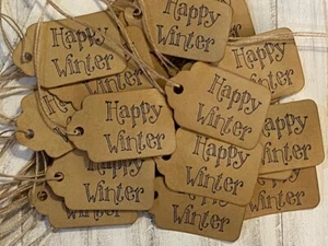 25 xsmall HAPPY WINTER Christmas coffee stained hand stamped Hang Tags - Picture 1 of 4