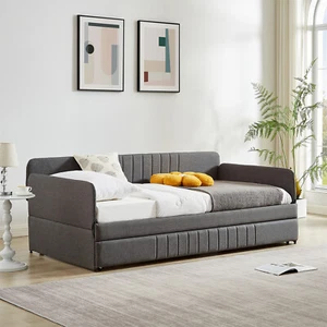 Twin Size Daybed Upholstered Bed Frame Sofa Bed with Trundle Bed Grey - Picture 1 of 15