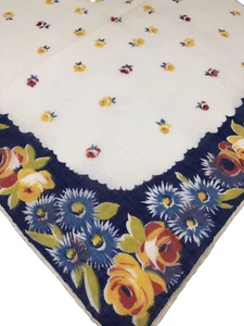 Vtg 1950s Hanky Handkerchief White Blue GORGEOUS Floral Border Roll Edge Pretty - Picture 1 of 4