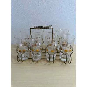 8 Vintage 1950's Block Geometric Tom Collins Glasses Gold Rim Metal Carrier - Picture 1 of 12