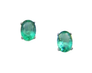 1.20ctw Oval 6x4mm Natural Mine Green Emerald 14k Solid White Gold Stud Earrings - Picture 1 of 4