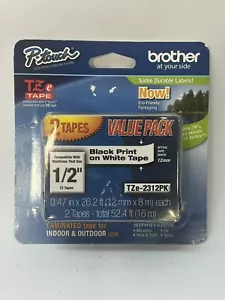 2 PACK BROTHER TZe-231 12mm 1/2" LABEL CASSETTE BLACK PRINT WHITE TAPE ORIGINAL - Picture 1 of 4