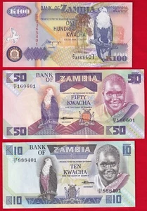 Zambia set of 3 notes: 10 - 100 kwacha 1988-1992 P-26;28;38 UNC - Picture 1 of 1