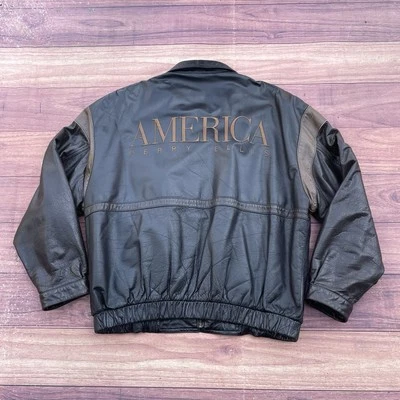 Vintage Perry Ellis America Spell Out Mens XL Soft Leather Bomber Jacket Y2K 90s - Image 1 of 4