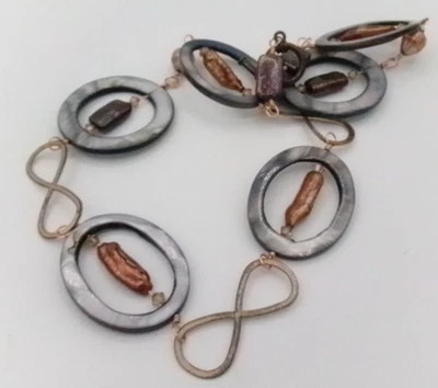 Collar Boho Artesanal Gris Acrílico Disco Genuino Perla Cobre Alambre Distintivo Foto 1 de 4