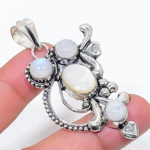 Mother Of Pearl & Moonstone Gemstone 925 Sterling Silver Pendant Size 2.5" - Picture 1 of 1