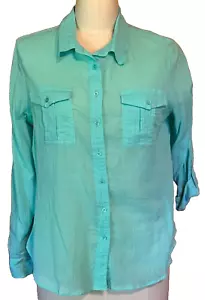 Talbots NEW Teal Blue Blouse Size 12 Roll Tab Sleeves NWT 100% Cotton Pockets - Picture 1 of 10